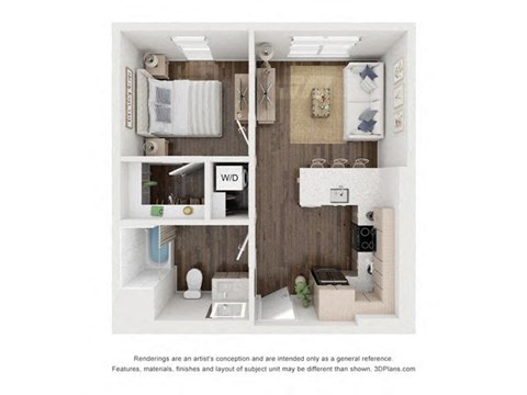 Floor plan for 1 bed, 1 bath, 594 sqft