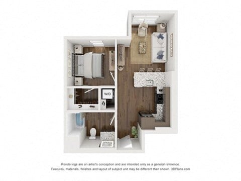 Floor plan for 1 bed, 1 bath, 598 sqft