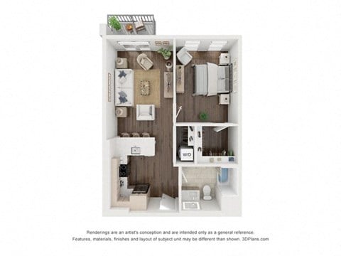 Floor plan for 1 bed, 1 bath, 678 sqft