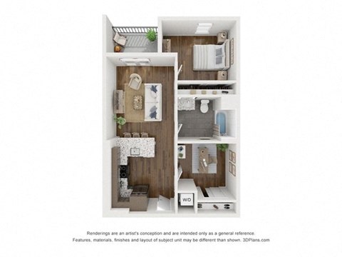 Floor plan for 1 bed, 1 bath, 730 sqft