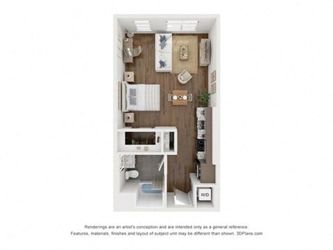 Floor plan for studio, 1 bath, 615 sqft