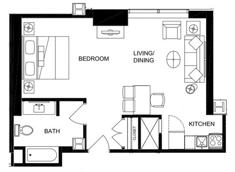 Floor plan for studio, 1 bath, 632 sqft
