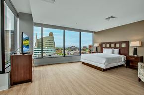 Buffalo apartment for rent - A bedroom with a large bed and a view of the city.