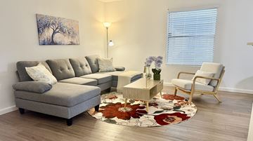 Austin apartment for rent - A grey couch with pillows sits in a living room with a rug and a chair.