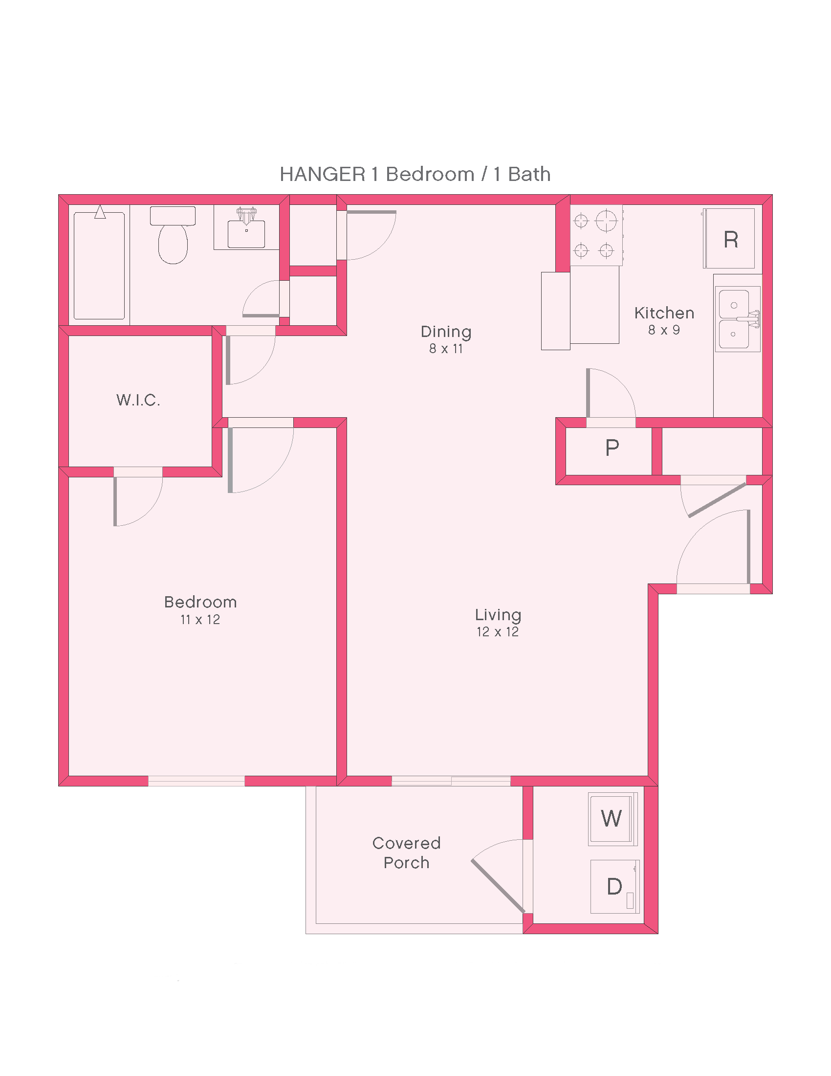 Floor plan for 1 bed, 1 bath, 656 sqft