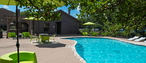 Austin apartment for rent - A pool surrounded by green chairs and umbrellas.