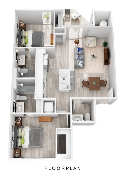 Floor plan for 2 beds, 2.5 baths, 940 sqft
