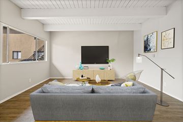 Los Angeles apartment for rent - A grey couch in a living room with a television and a plant on a table.
