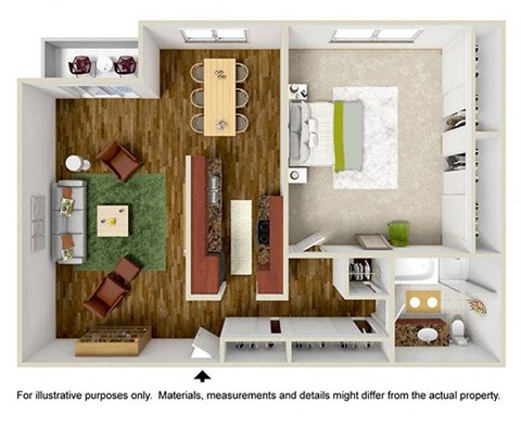 Floor plan for 1 bed, 1 bath, 1069 sqft