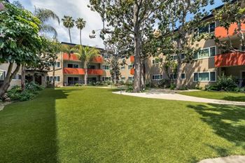 A grassy area in front of apartment buildings.