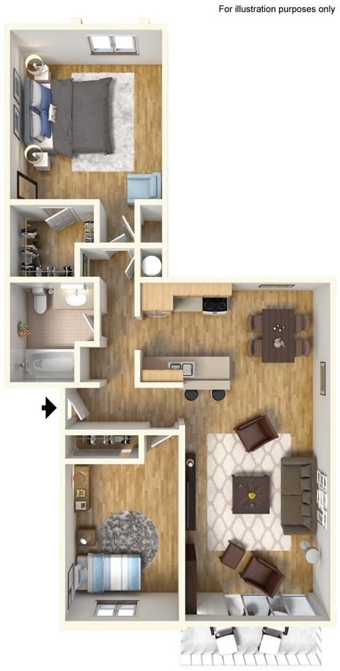 Floor plan for 2 beds, 1 bath, 989 sqft