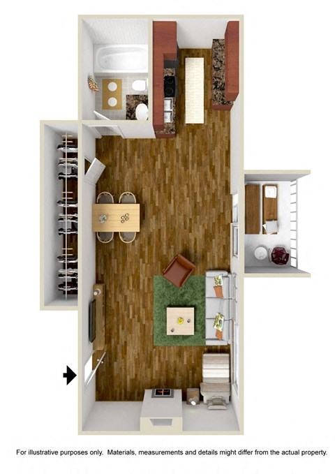 Floor plan for studio, 1 bath, 624 sqft