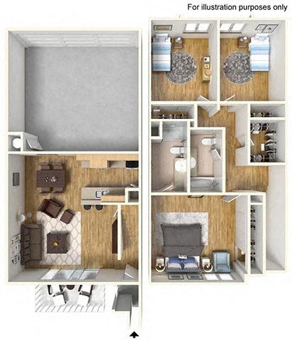 Floor plan for 3 beds, 2 baths, 1407 sqft