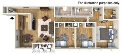 Floor plan for 3 beds, 2 baths, 1302 sqft