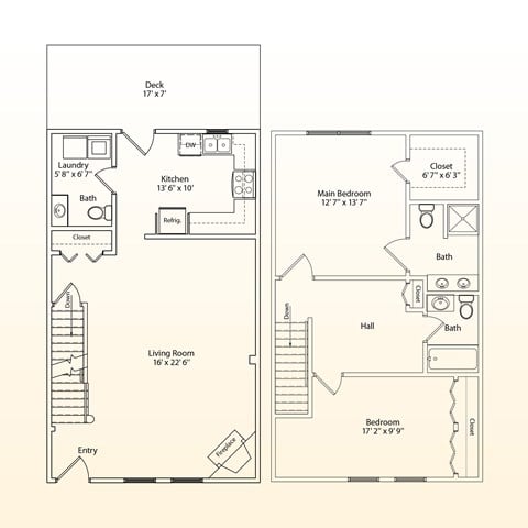 Floor plan for 2 beds, 2.5 baths, 1531 sqft