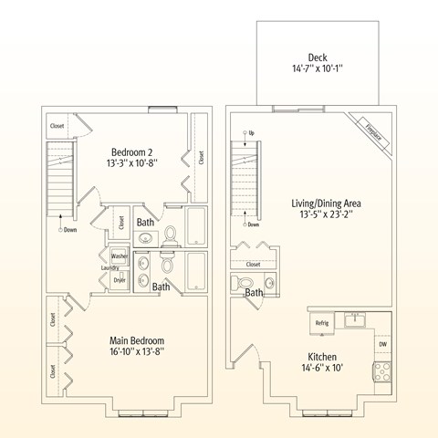 Floor plan for 2 beds, 2.5 baths, 1200 sqft