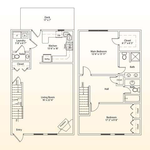 Floor plan for 2 beds, 2.5 baths, 1211 sqft