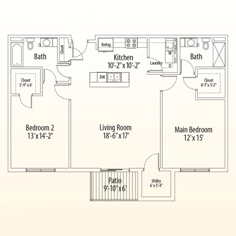 Floor plan for 2 beds, 2 baths, 1218 sqft