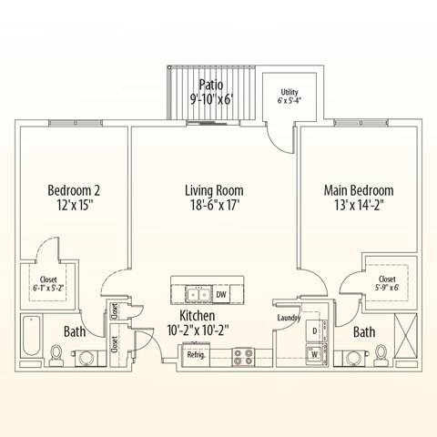 Floor plan for 2 beds, 2 baths, 1218 sqft
