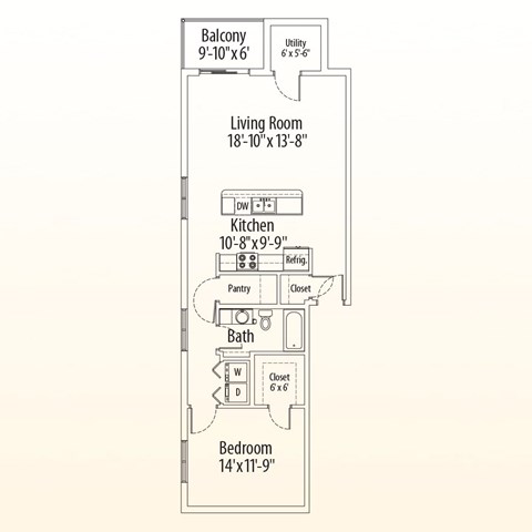 Floor plan for 1 bed, 1 bath, 853 sqft