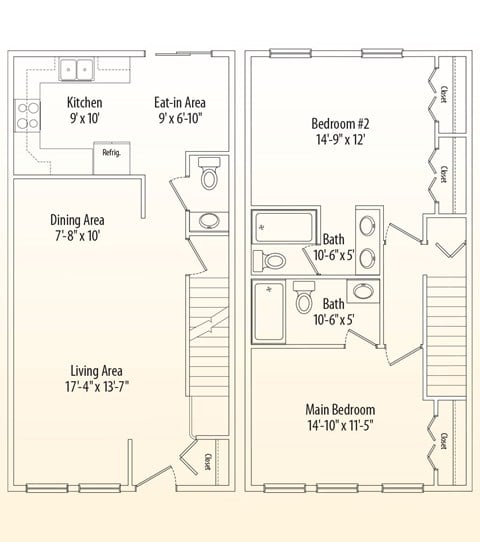 Floor plan for 2 beds, 2.5 baths, 1068 sqft