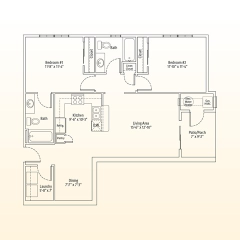 Floor plan for 2 beds, 2 baths, 1014 sqft