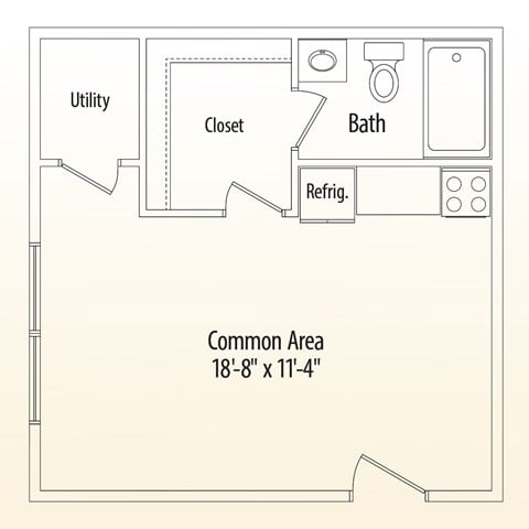 Floor plan for studio, 1 bath, 384 sqft