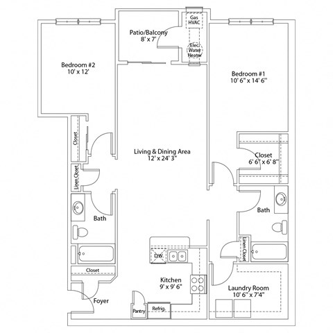 Floor plan for 2 beds, 2 baths, 1202 sqft