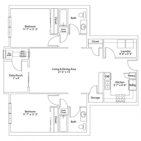 Floor plan for 2 beds, 2 baths, 1067 sqft
