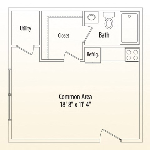 Floor plan for studio, 1 bath, 384 sqft