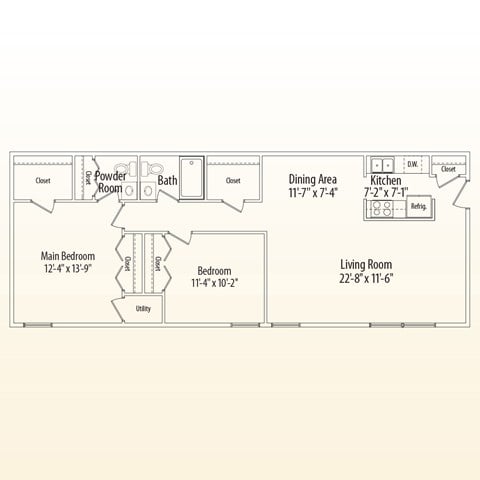 Floor plan for 2 beds, 1.5 baths, 1046 sqft