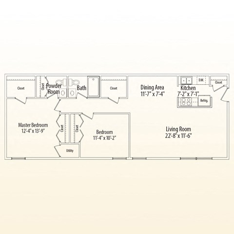 Floor plan for 2 beds, 1.5 baths, 1046 sqft