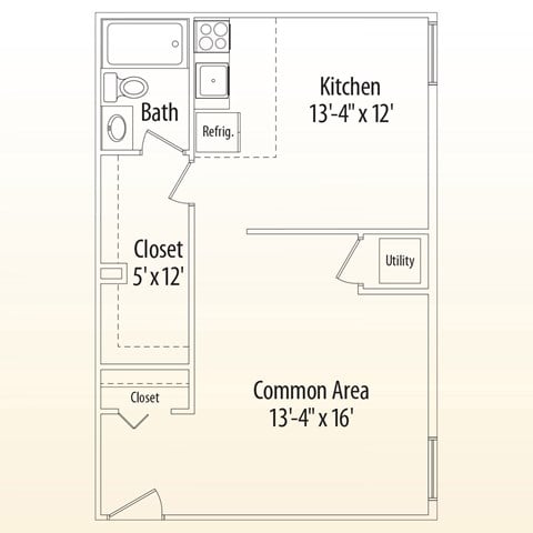 Floor plan for studio, 1 bath, 555 sqft