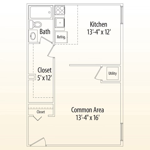 Floor plan for studio, 1 bath, 555 sqft