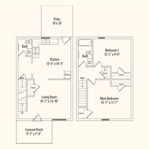 Floor plan for 2 beds, 1.5 baths, 1078 sqft