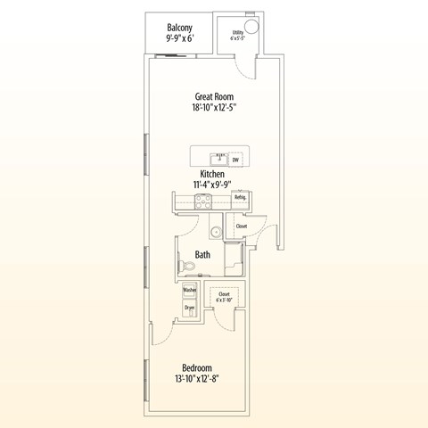 Floor plan for 1 bed, 1 bath, 897 sqft