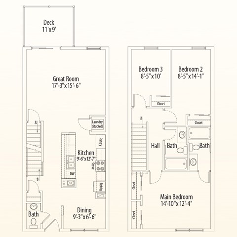 Floor plan for 3 beds, 2.5 baths, 1289 sqft