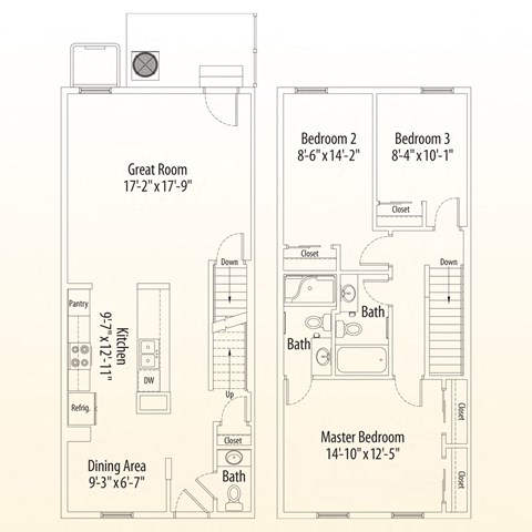 Floor plan for 3 beds, 2.5 baths, 1289 sqft
