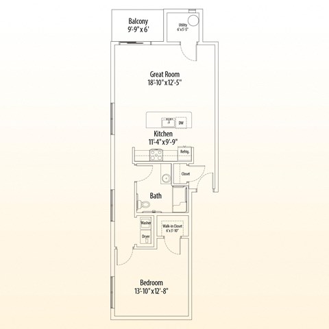 Floor plan for 1 bed, 1 bath, 897 sqft