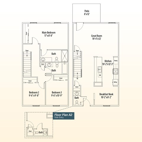 Floor plan for 3 beds, 2.5 baths, 1365 sqft