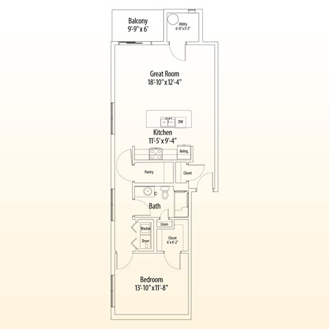 Floor plan for 1 bed, 1 bath, 897 sqft