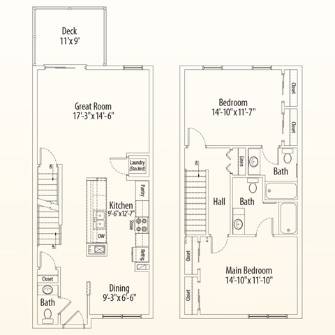 Floor plan for 2 beds, 2.5 baths, 1248 sqft