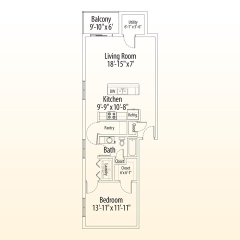 Floor plan for 1 bed, 1 bath, 897 sqft