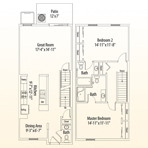 Floor plan for 2 beds, 2.5 baths, 1248 sqft