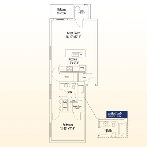 Floor plan for 1 bed, 1 bath, 897 sqft