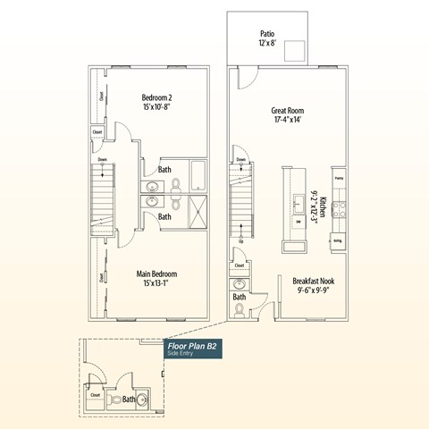 Floor plan for 2 beds, 2.5 baths, 1365 sqft