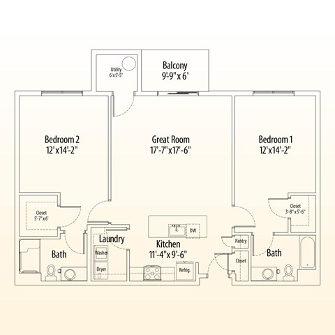 Floor plan for 2 beds, 2 baths, 1217 sqft