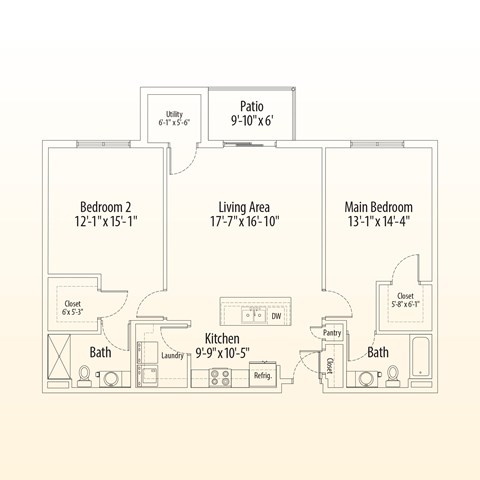 Floor plan for 2 beds, 2 baths, 1217 sqft