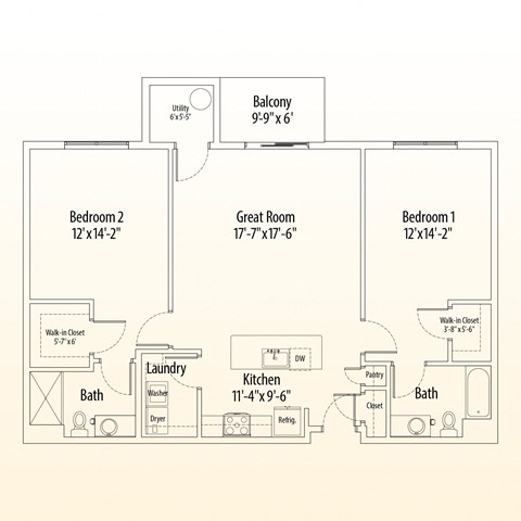 Floor plan for 2 beds, 2 baths, 1217 sqft