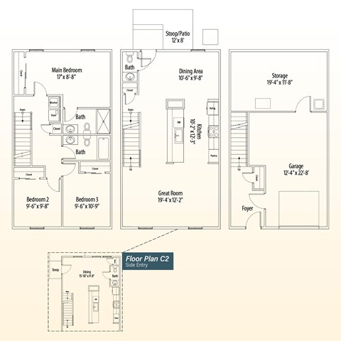 Floor plan for 3 beds, 2.5 baths, 1333 sqft